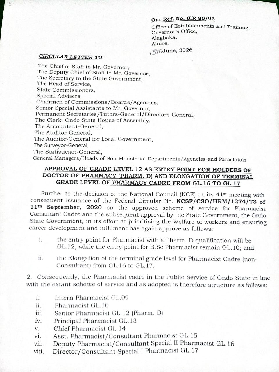 CIRCULAR PUBLICATION ON PHARMACIST GRADE LEVEL 17 APPROVAL